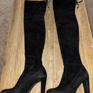 Stuart Weitzman Highland Stretch-Leather Over-the-Knee Boot, Black Suede, Size 9